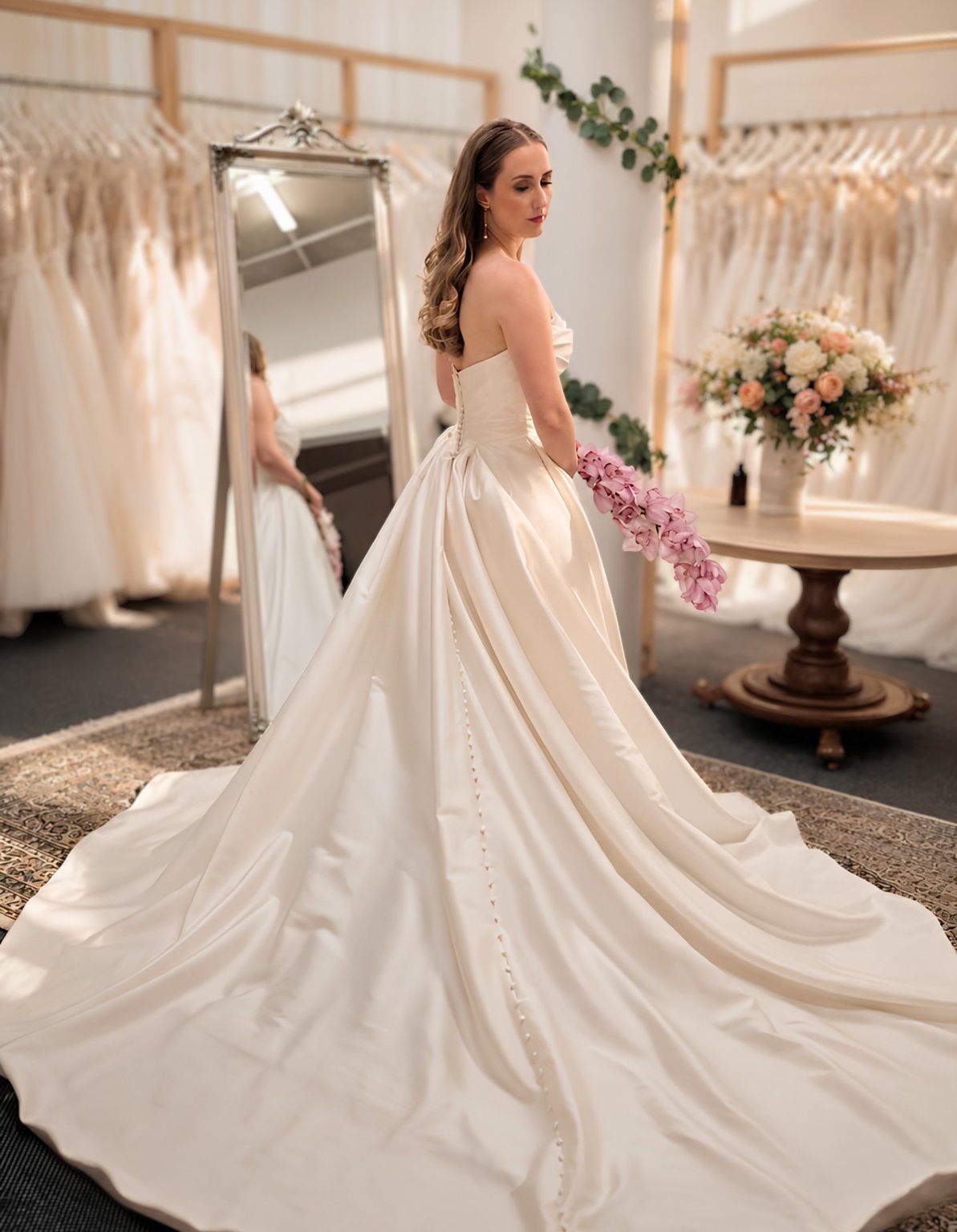 Satin ball gown wedding dress with long train, Olivia Rose Bridal