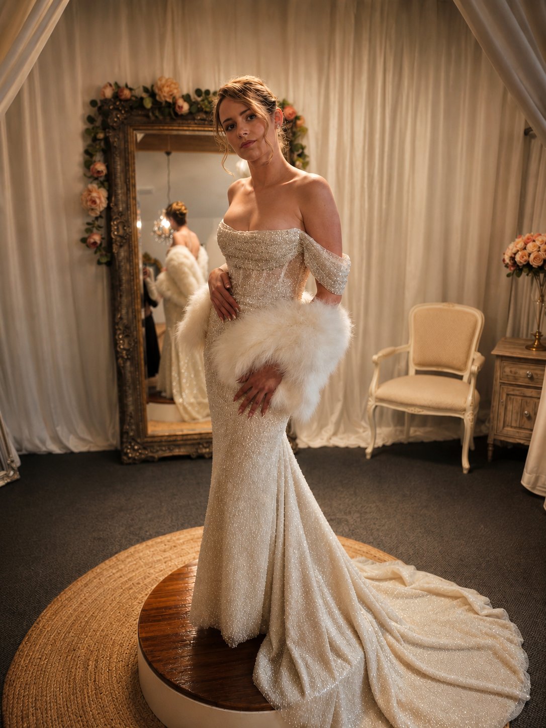 Fitted wedding dress with long train in the Olivia Rose Bridal fitting room