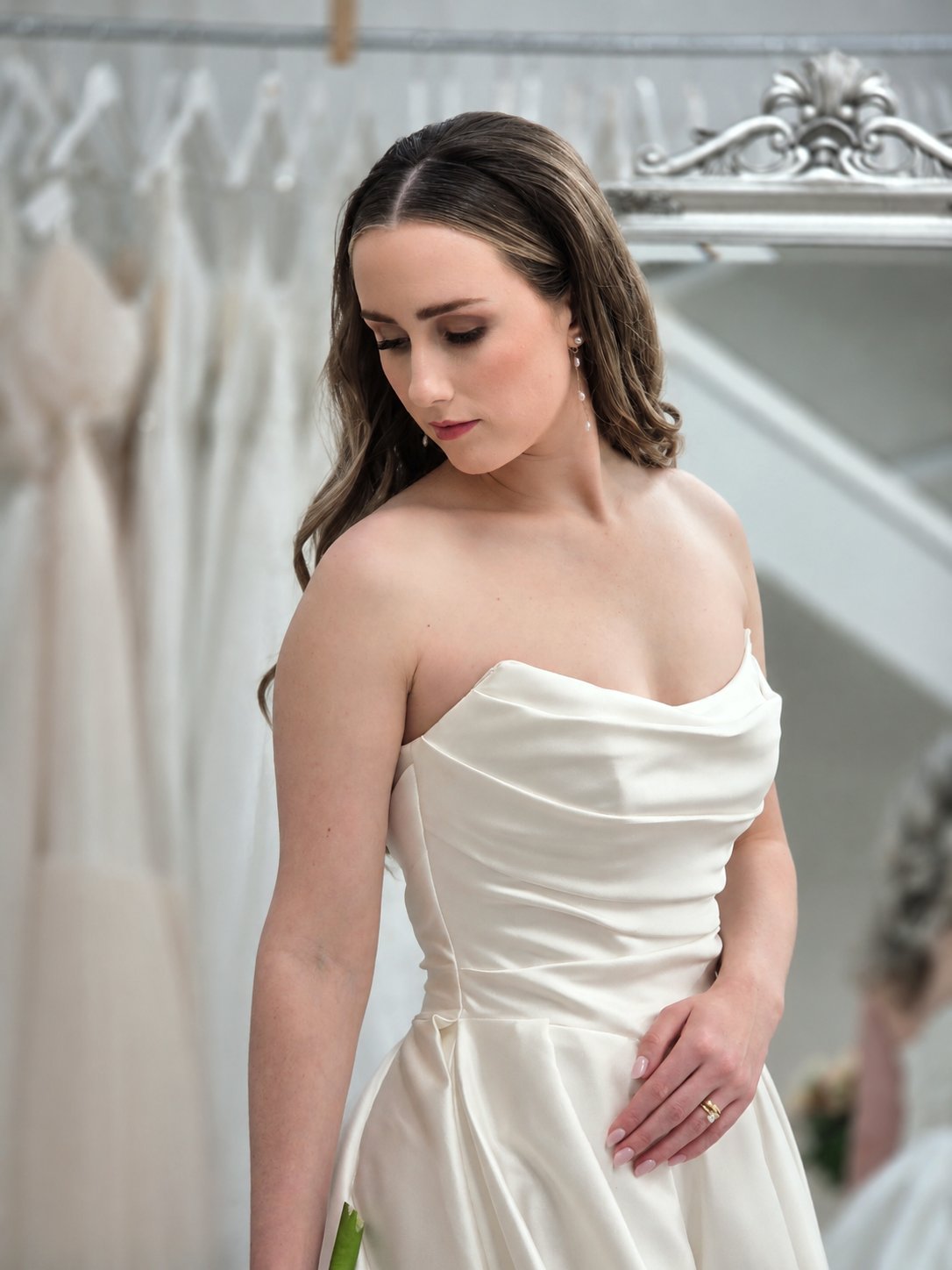 Strapless satin wedding dress at Olivia Rose Bridal boutique Wellington