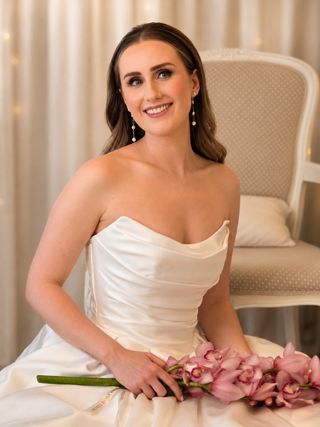 Smiling bride in a strapless satin wedding gown with pink orchids, Olivia Rose Bridal